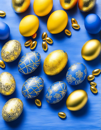 Golden and blue Easter eggs on blue wooden background. Top view.の写真素材