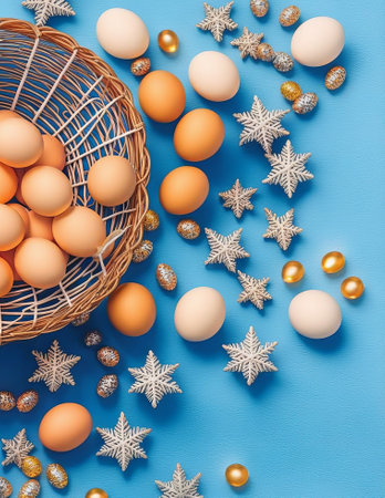 Easter eggs and snowflakes on blue background. Top viewの写真素材