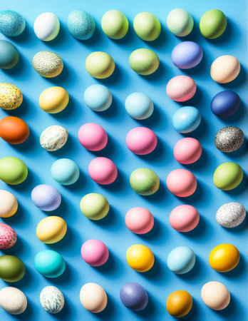 Colorful easter eggs pattern on blue background. Top view.の写真素材