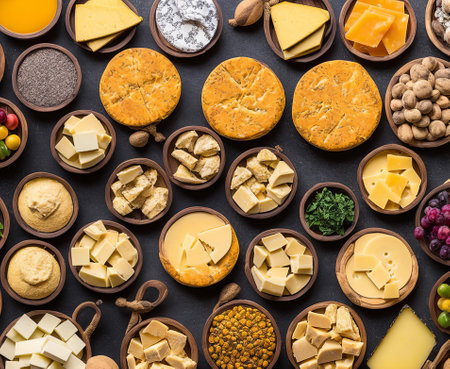 Variety of cheese in wooden bowls over black background. Top viewの写真素材