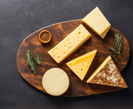 Various types of cheese on wooden board with rosemary. Top view