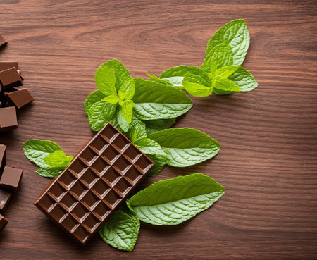 Chocolate, mint leaves and pieces of dark chocolate on wooden backgroundの写真素材