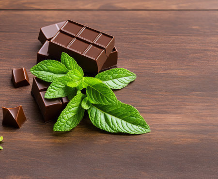 Chocolate pieces with mint leaves on wooden background. Copy space.の写真素材