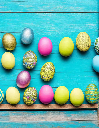 Colorful easter eggs on blue wooden background. Happy easter!