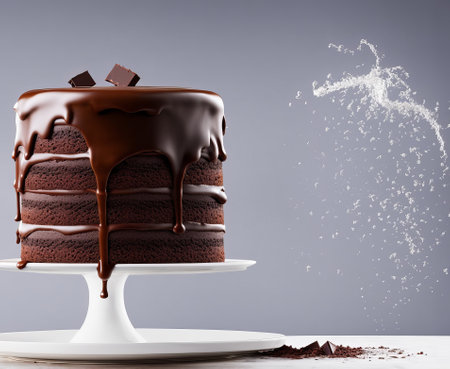 Chocolate cake with splashes of chocolate on a gray background.の写真素材