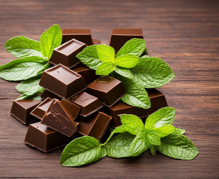 Chocolate with mint leaves on wooden background. Selective focus.の写真素材