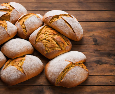 Freshly baked buns with raisins on a wooden background