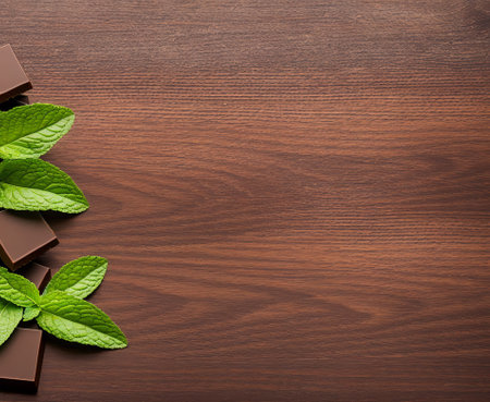 Chocolate and mint leaves on wooden background. Top view with copy spaceの写真素材