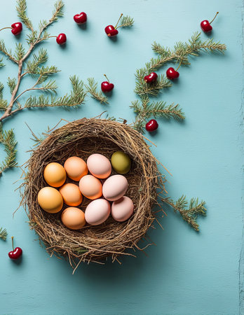 Easter eggs in nest on blue wooden background. Top view.の写真素材