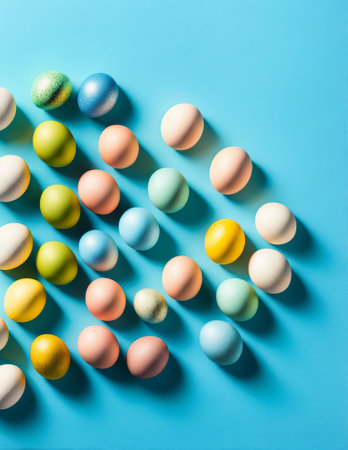 Colorful Easter eggs on blue background. Top view, flat layの写真素材