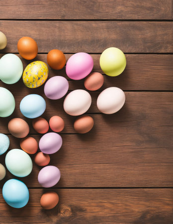 Colorful Easter eggs on wooden table. Top view with copy spaceの写真素材