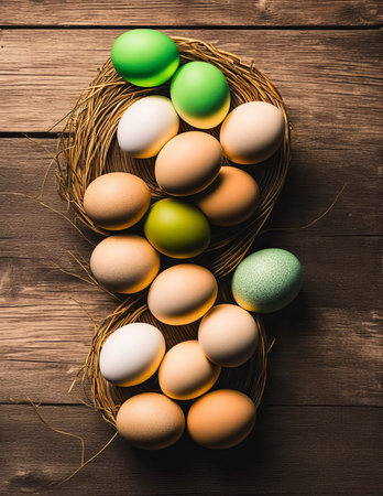 Easter eggs in nest on wooden background. Vintage style toned picture
