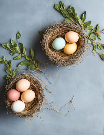 Easter eggs in nest on grey background. Flat lay, top viewの写真素材