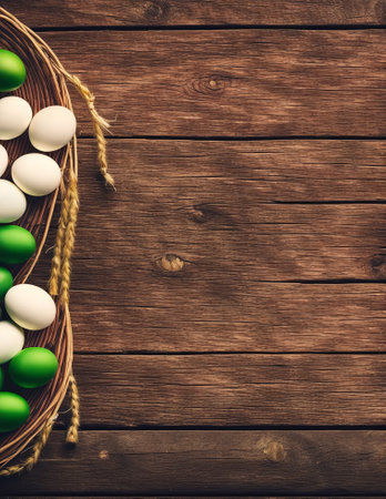 Easter eggs in basket on wooden background. Top view with copy spaceの写真素材