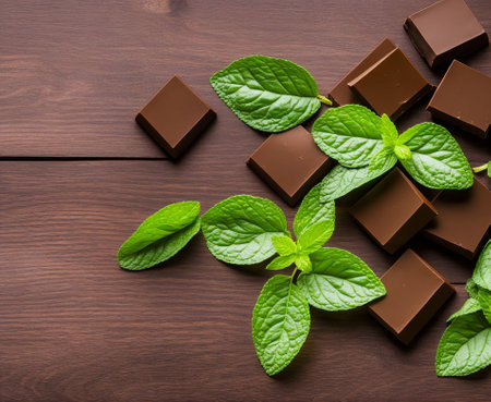 Chocolate with mint leaves on wooden background. Top view. Copy space.の写真素材