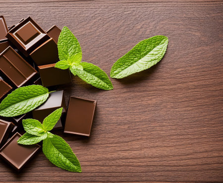 Chocolate with mint leaves on wooden background. Top view with copy spaceの写真素材