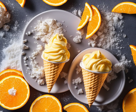 Orange ice cream in waffle cones and slices of orange on grey backgroundの写真素材