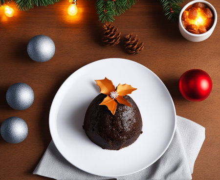 Christmas pudding on a white plate decorated with a bow on a wooden backgroundの写真素材