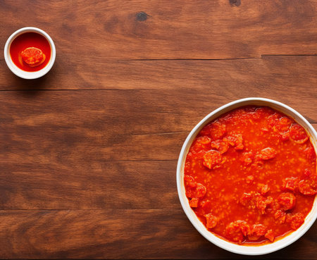 Top view of a bowl of tomato sauce and chili pepper on a wooden table.