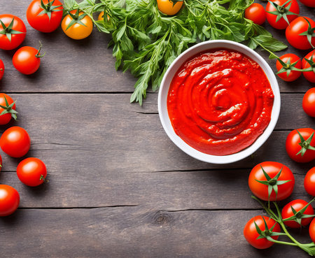Tomato sauce in bowl and fresh tomatoes on wooden table. Top view with copy space