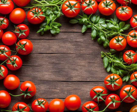 Tomatoes and basil on wooden table. Top view with copy spaceの写真素材