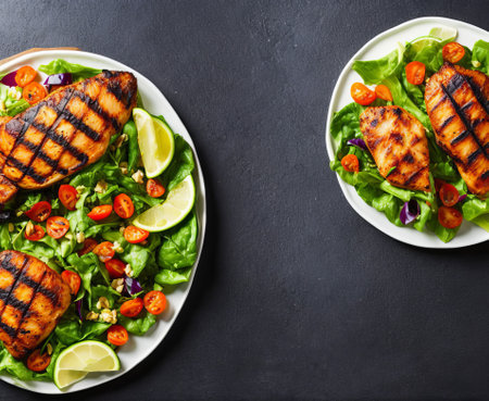 Grilled chicken fillet with salad and lime on black background, top viewの写真素材