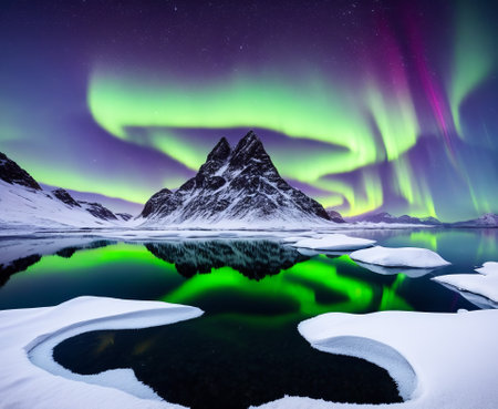 Aurora borealis, northern lights over snowy mountains in Icelandの写真素材