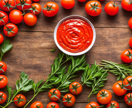 Tomato sauce in a bowl with fresh tomatoes and herbs on wooden backgroundの写真素材