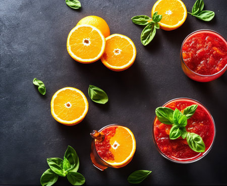 Orange and basil cocktail on black backgroundの写真素材