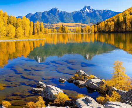 Colorful autumn alpine lake with reflection of mountains and blue skyの写真素材