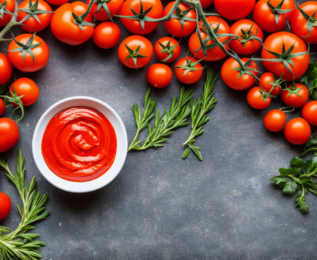 Tomato sauce with fresh tomatoes and herbs on stone background. Top viewの写真素材