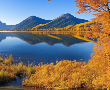 Autumn Landscape with colorful forest and lake. Lake in the mountains.の写真素材