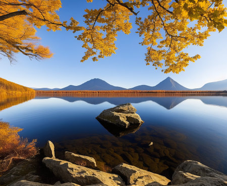 Lake Kawaguchiko in Yamanashi Prefecture, Japanの写真素材