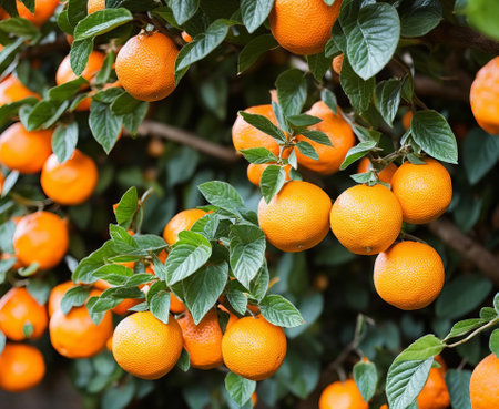 Tangerines on the tree in the garden. Tangerine backgroundの写真素材