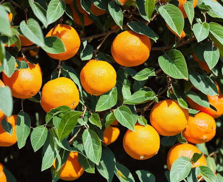Ripe tangerines on the tree. Tangerine tree with fruits.の写真素材