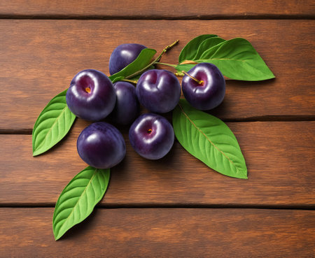 Fresh plums with leaves on wooden table. Top view with copy spaceの写真素材