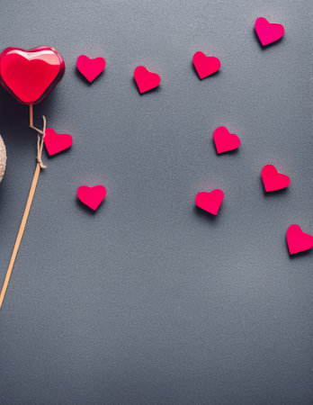 Valentines day background with red hearts on dark blue background.の写真素材