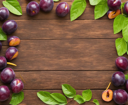 Plum frame on wooden background. Top view with copy space.の写真素材