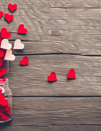 Valentine's day background with paper hearts in glass jar on wooden tableの写真素材