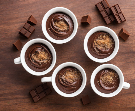 chocolate mousse in cups on a wooden background, top viewの写真素材