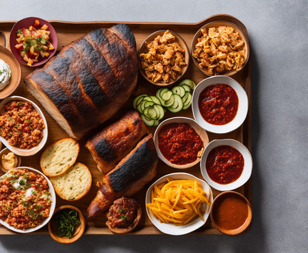 Traditional food. Top view of assorted food served in wooden tray.