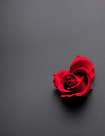 Red rose on black background. Valentines day concept. Flat lay, top viewの写真素材