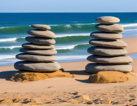 Stacked zen stones on the beach in Algarve, Portugalの写真素材