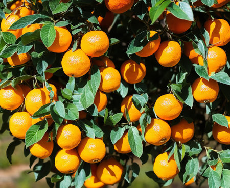 Ripe tangerines on a tree in the garden. Tangerine tree.の写真素材