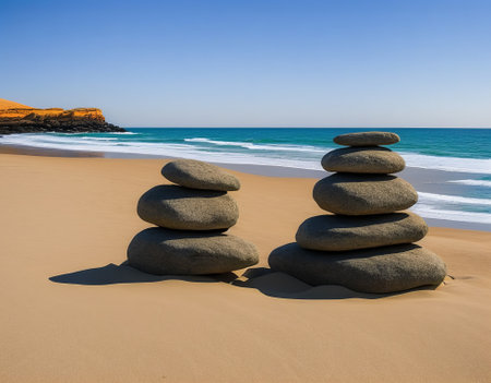 Pile of zen stones on the beach in Algarve, Portugalの写真素材