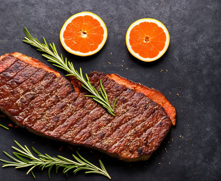 Sliced grilled beef steak with rosemary and oranges as top view on a modern design backgroundの写真素材