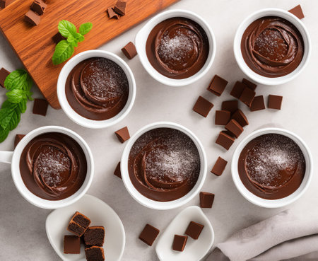 Chocolate Souffle in ceramic cups with chocolate pieces, top viewの写真素材