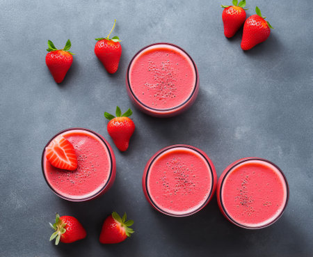 Strawberry smoothies in glass on grey background. Top viewの写真素材