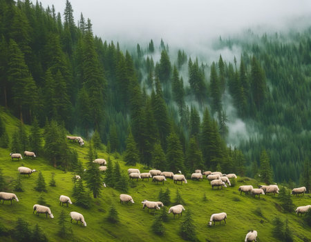 Flock of sheep on a green meadow in the mountains.の写真素材