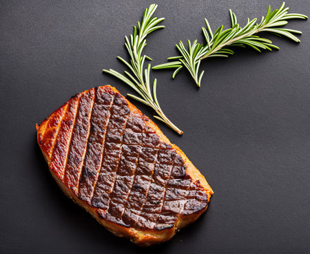 Grilled beef steak with rosemary on black background, top viewの写真素材